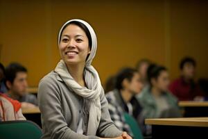 das Interaktion und Wissen Teilen zwischen ein jung weiblich Dozent und ihr Studenten im ein schließen - - oben Schuss während ein Seminar oder Werkstatt. generativ ai foto