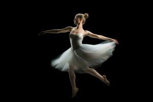 ein schließen - - oben Schuss von ein Ballerina im Mitte - - Luft, gefroren im ein anmutig Pose. generativ ai foto