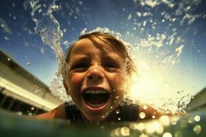 das Unschuld und Neugierde von ein jung Junge wie er erforscht das unter Wasser Welt von ein Schwimmen Schwimmbad. generativ ai foto