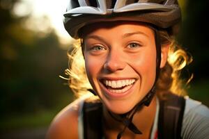ein jung Frau Radfahrer mit ein schließen - - oben Schuss von ihr lächelnd Gesicht wie sie Fahrten. generativ ai foto