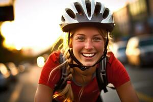 ein jung Frau Radfahrer mit ein schließen - - oben Schuss von ihr lächelnd Gesicht wie sie Fahrten. generativ ai foto