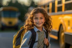 ein jung Mädchen wie sie posiert schließen - - oben mit ihr Schule Rucksack warten im Vorderseite von ein Gelb Schule Bus. generativ ai foto