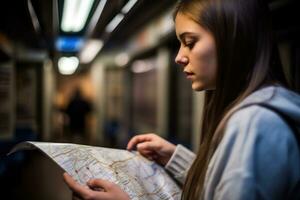 ein schließen - - oben Schuss von ein Frau halten ein Metro Karte im ihr Hände, studieren das Routen und Planung ihr Reise. generativ ai foto