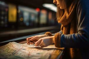 ein schließen - - oben Schuss von ein Frau halten ein Metro Karte im ihr Hände, studieren das Routen und Planung ihr Reise. generativ ai foto