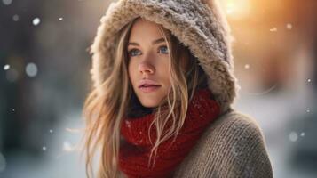 schön Frau posieren im das Schnee auf ein Winter Tag. foto