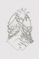 handgemalt Gliederung skizzieren von Sonnenuntergang, Berg, und Palme Baum Illustration zum T-Shirt Design foto