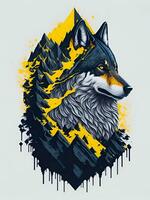 Wolf mit Berg und bunt Schnee Illustration auf schwarz Hintergrund zum T-Shirt Design foto