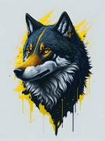 Wolf mit Berg und bunt Schnee Illustration auf schwarz Hintergrund zum T-Shirt Design foto