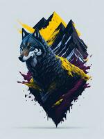 Wolf mit Berg und bunt Schnee Illustration auf schwarz Hintergrund zum T-Shirt Design foto