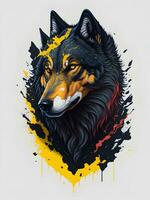 Wolf mit Berg und bunt Schnee Illustration auf schwarz Hintergrund zum T-Shirt Design foto