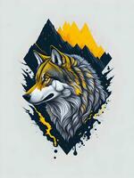 Wolf mit Berg und bunt Schnee Illustration auf schwarz Hintergrund zum T-Shirt Design foto