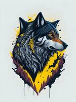 Wolf mit Berg und bunt Schnee Illustration auf schwarz Hintergrund zum T-Shirt Design foto