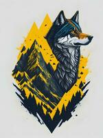 Wolf mit Berg und bunt Schnee Illustration auf schwarz Hintergrund zum T-Shirt Design foto