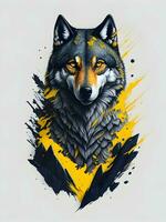 Wolf mit Berg und bunt Schnee Illustration auf schwarz Hintergrund zum T-Shirt Design foto