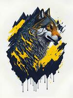 Wolf mit Berg und bunt Schnee Illustration auf schwarz Hintergrund zum T-Shirt Design foto