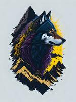 Wolf mit Berg und bunt Schnee Illustration auf schwarz Hintergrund zum T-Shirt Design foto