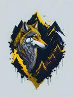 Wolf mit Berg und bunt Schnee Illustration auf schwarz Hintergrund zum T-Shirt Design foto