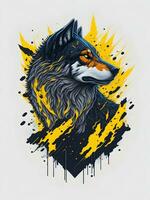 Wolf mit Berg und bunt Schnee Illustration auf schwarz Hintergrund zum T-Shirt Design foto