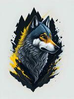 Wolf mit Berg und bunt Schnee Illustration auf schwarz Hintergrund zum T-Shirt Design foto