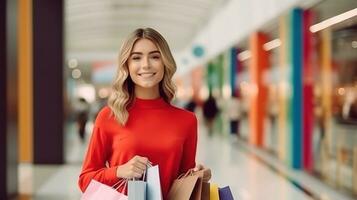 glücklich Frau mit bunt Einkaufen Taschen foto