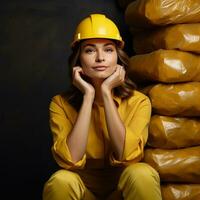 schön weiblich Konstruktion Arbeiter tragen ein Gelb Bauarbeiterhelm, foto