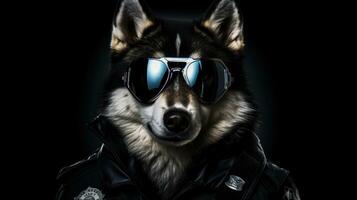 Alaska malamute Hund im ein Polizei passen und Outfit Illustration, Alaska malamute komisch Hund Welpe, Alaska malamute ein ist ein komisch Hund, Haustier sind komisch Hund, komisch Tiere, generativ ai foto