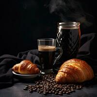 Kaffee und Kaffee Bohnen auf schwarz Hintergrund ai generativ foto