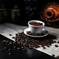 Kaffee Tasse mit Kaffee Bohnen Studio schließen oben Schuss ai generativ foto
