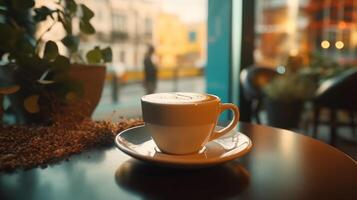 Kaffee Tasse auf hölzern Tabelle im Kaffee Geschäft mit verschwommen Hintergrund, ai generativ foto