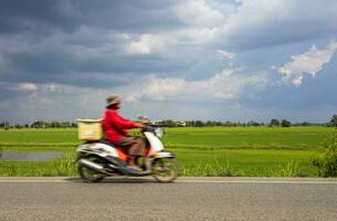 ein Alten Frau Reiten ein Motorrad Unschärfen durch Grün Reis Felder. foto