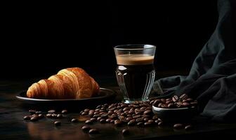 Kaffee und Kaffee Bohnen auf schwarz Hintergrund ai generativ foto