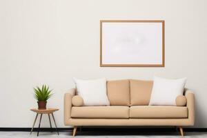 Poster Rahmen Attrappe, Lehrmodell, Simulation mit Couch mit Kissen und Weiß Mauer ai generiert foto