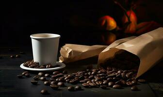 Kaffee mit Croissant und Kaffee Bohnen auf schwarz Hintergrund ai generativ foto