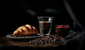 Kaffee und Kaffee Bohnen auf schwarz Hintergrund ai generativ foto