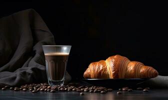 Kaffee und Kaffee Bohnen auf schwarz Hintergrund ai generativ foto