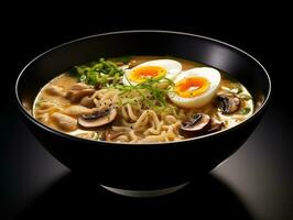 Ramen Suppe mit Pilze und Eier isoliert auf ein schwarz Hintergrund foto