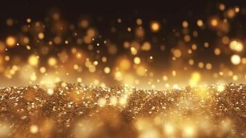 abstrakt Luxus Gold Hintergrund mit Gold Partikel. funkeln Jahrgang Beleuchtung Hintergrund. Weihnachten golden Licht scheinen Partikel Bokeh auf dunkel Hintergrund. Gold vereiteln Textur. Urlaub. ai generativ foto