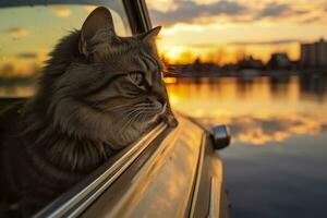 Erfassung ein verträumt Betrachtung durch Fotografieren ein Katze tragen Sonnenbrille mit ein Jahrgang leica m6, Hervorheben das Textur und Kontrast von ein alt Timer Wagen. ai generativ foto