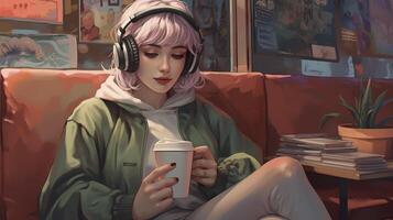 lofi Musik- Startseite Kunst, Studie Ausruhen Schlaf Kaffee Buch, ai generativ foto