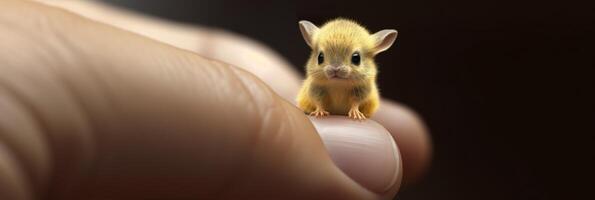 ein klein pikachu Sitzung auf oben von ein Person Finger. ai generativ foto