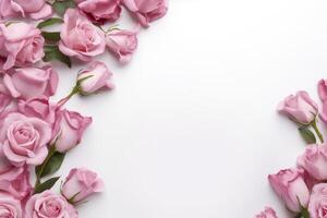 schließen oben von Blühen Rosa Rosen Blumen und Blütenblätter isoliert auf Weiß Tabelle Hintergrund. Blumen- Rahmen Komposition. dekorativ Netz Banner. leeren Raum, eben legen, oben Sicht. ai generativ foto