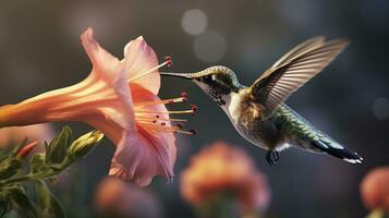 Kolibri fliegend zu wählen oben Nektar von ein schön Blume. Digital Kunstwerk. ai generativ foto