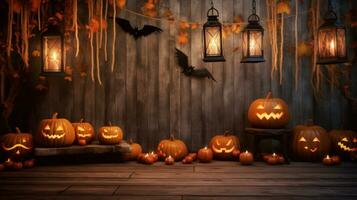 Kürbis Laternen erleuchten Halloween Nacht auf ein rustikal hölzern Hintergrund. gespenstisch Nacht Halloween Hintergrund. ai generiert foto