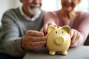 Hände von älter Mann und Frau halten Gelb Schweinchen Bank. Bild zum Pensionierung Investition, Finanzen, Bankwesen und Speichern Geld Konzept. ai generiert foto