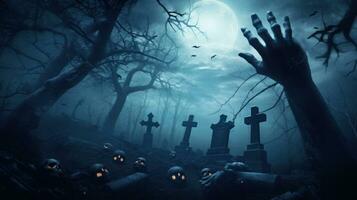 Zombie Hände entstehen von ein verzaubert Halloween Friedhof im das mystisch Wald. ai generiert foto