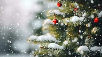 Nahansicht von Weihnachten Baum Girlande Grün mit verschwommen Hintergrund, Bokeh, und fallen Schnee. ai generiert foto