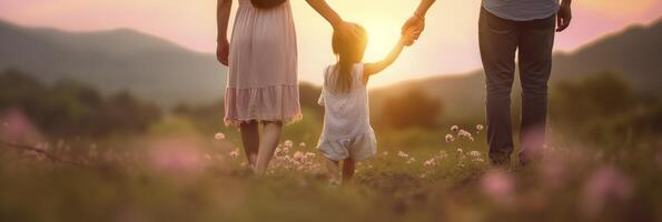 glücklich Familie Mutter Vater und Tochter gehen auf Natur auf Sonnenuntergang halt Hand. ai generativ foto