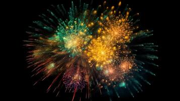 bunt Feuerwerk von verschiedene Farben Über Nacht Himmel Hintergrund. Party Feier abstrakt Hintergrund Illustration. ai generiert foto