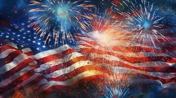 amerikanisch Flagge Hintergrund mit Feuerwerk. Unabhängigkeit Tag. 4 .. von Juli. ai generiert foto