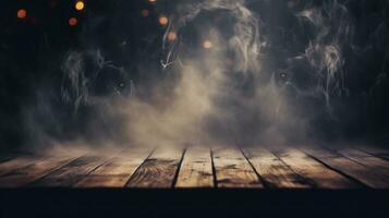hölzern Fußboden mit Rauch und Licht im dunkel Zimmer. Halloween abstrakt Hintergrund. ai generiert foto